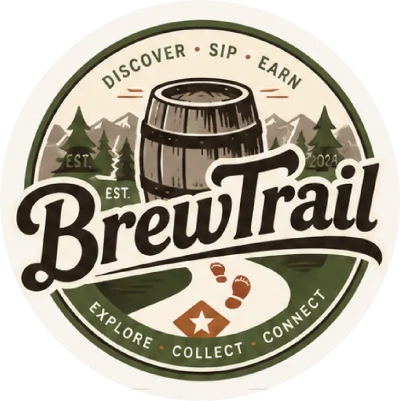 The BrewTrail badge: a barrel framed by mountains and pines, the BrewTrail script wordmark across the centre over a winding trail, ringed by DISCOVER · SIP · EARN above and EXPLORE · COLLECT · CONNECT below.