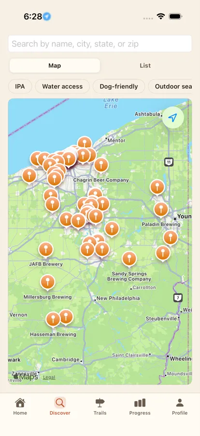 BrewTrails' Discover map, showing dozens of brewery pins across northern Ohio with filters for IPA, water access, dog-friendly and outdoor seating.