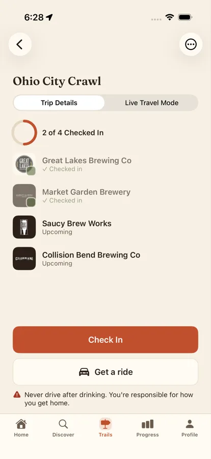 The Ohio City Crawl in BrewTrails: four Cleveland breweries, two of them checked in, with a Check In button and a Get a ride button.
